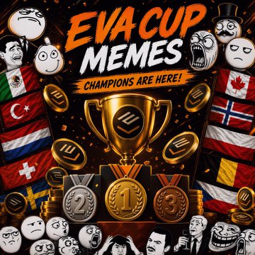 "EVA CUP MEMES - Champions Are Here!" promotional graphic featuring a gold trophy, numbered medals (1, 2, 3), various national flags, and trollface memes.