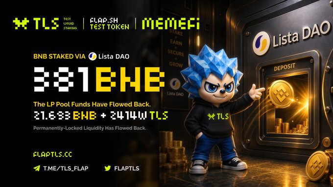 A cryptocurrency promotional graphic for TLS (Test Liquid Staking) token and Lista DAO, showing a blue-haired mascot character and claiming 'The LP Pool Funds Have Flowed Back' of 21.699 BNB + 24144 TLS.