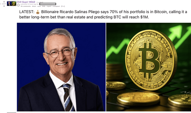 The image depicts two photos featuring a man smiling while wearing glasses and a suit jacket next to a gold coin labeled "bitcoin" at the top right corner. On the left side of the image, there's a post about a man who invested in bitcoin with a blue background, white text, and a photograph of another man wearing glasses and a tie standing behind the first photo.