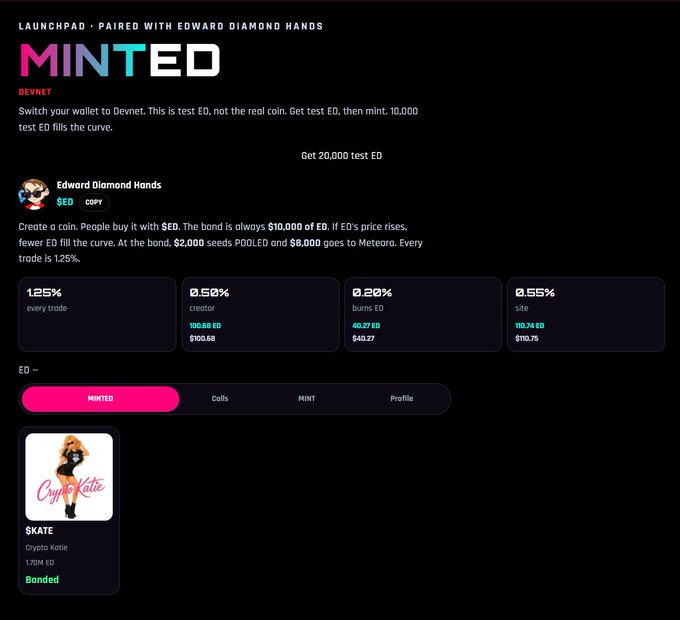 A dark-themed 'Minted' launchpad page for 'Edward Diamond Hands' on the Devnet, showing bonding curve stats (1.25% per trade, 0.58% creator fee, 0.20% burns ED, 0.55% site) and a 'Crypto Katie' NFT card marked as Bonded at 1.70M ED.