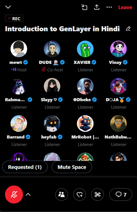A screenshot of a Twitter Space titled "Introduction to GenLayer in Hindi" featuring host "mewt" and co-host "DUDE," along with numerous listeners including Rahma, Slayy, 0Dbeke, DOJA, Barrand, heyfab, MrRobot, and NathBabu. The recording interface displays a "Requested (1)" button and "Mute Space" option, with 7 active participants noted at the bottom.