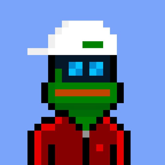 A pixel art character with green skin, a white cap, blue sunglasses, and red overalls against a solid light blue background.