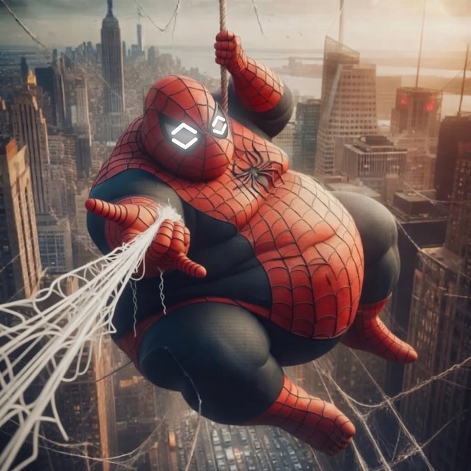 The image features a large, overweight Spiderman character with his arms outstretched as if he's flying through the air. The cityscape below him serves as an impressive backdrop for this action-packed scene. The caption of the image reads "Overlayer NFT Love it 10/10 @overlayerfi". This means that the image is a part of an overlayer NFT collection, and the post has received ten likes from viewers who appreciate the Spiderman character's pose and the cityscape setting.

The image also includes some text elements such as "Spiderman" and "Overlayer NFT Love it 10/10 @overlayerfi". The Spiderman character is positioned in the center of the image, with his arms outstretched towards the sky, creating a sense of motion and excitement.