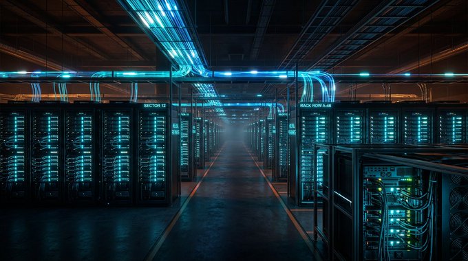 The image shows an empty server room with rows of servers, some of which are blue and black. The room has a long hallway that extends into the distance, creating a sense of depth and space. There is no text present in the image, but there is a caption that reads "While everyone is busy watching $NVDA and talking about GPUs... I was scrolling on the @bitget and something caught my eye $rCOHR. So I did what I always do. I didn't follow the hype. I looked deeper." This caption seems to be unrelated to the image, but it does provide context for the server room's purpose or the viewer's perspective.