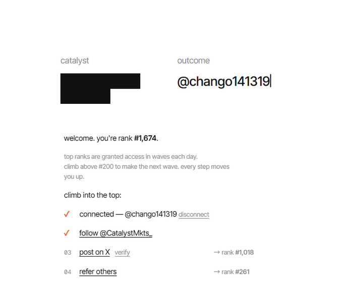 A web page for a project called 'catalyst' welcoming a user with the handle '@chango141319' at rank #1,674 and outlining steps to climb into the top.