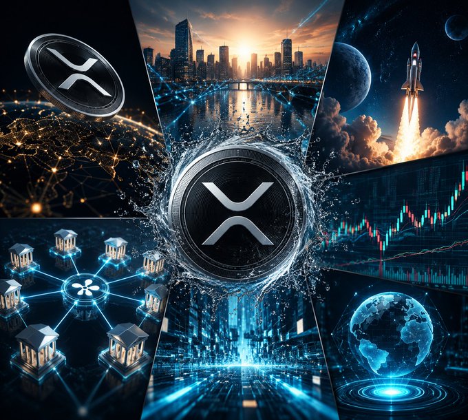The image features an XRP coin surrounded by various elements, including a rocket ship, buildings, and other coins. The XRP logo is prominently displayed at the center of the image. Below the XRP logo, there are several images depicting different aspects related to the cryptocurrency market structure. These include a city skyline with a bridge, a globe, and a stock chart showing fluctuations in value over time. The post also provides an overview of the XRP coin's current trading conditions, stating that it is currently trading in a range-bound structure rather than following a trending market pattern. Key drivers to watch are regulatory clarity and external catalysts for momentum.