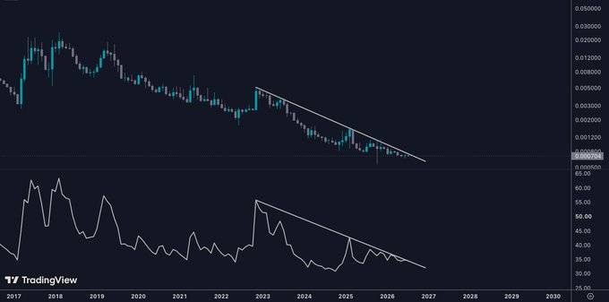 A TradingView chart of Litecoin ($LTC) on a monthly timeframe shows a descending channel pattern from 2022 through projected 2026, with the price currently around $0.000094 and an RSI at the bottom showing a similar downward trend converging near the 30 level, suggesting an Elliott Wave accumulation phase before a potential breakout.