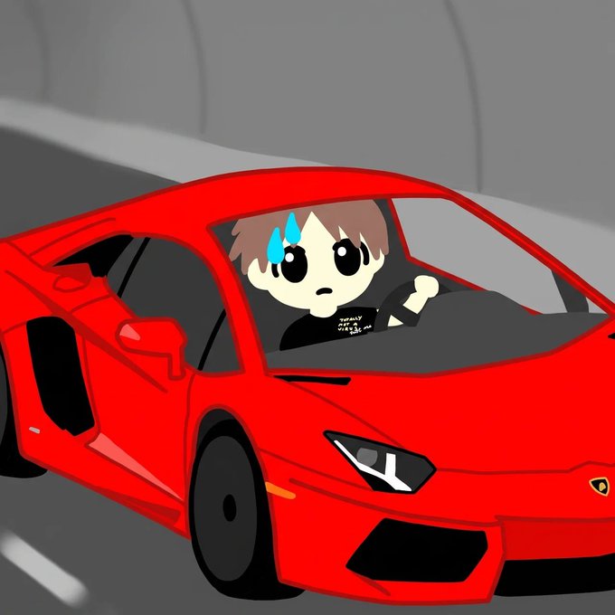 A cartoon figure with brown hair and blue sweat drops, wearing a black shirt with partially visible text including "Wealth" and "100%" alongside a dollar sign, drives a red Lamborghini through a tunnel, illustrating the post's bullish sentiment about the Bitcoin Weirdos ordinals collection and Ukiyo going viral after being featured on Robinhood.
