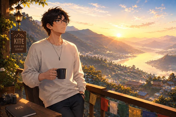 A young man in glasses holds a coffee mug on a balcony overlooking a misty mountain valley at sunrise, with a "KITE — KEEP IT TRUE EVERYDAY" sign hanging nearby. The serene sunrise view contrasts with the busy list of crypto airdrops and whitelist tasks in the morning post, evoking a calm start to an action-packed day.