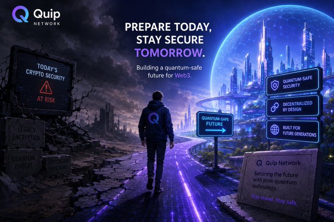 A promotional graphic for Quip Network features a person walking down a divided path—toward a dark, crumbling "Today's Crypto Security AT RISK" side marked with warnings like "Legacy Encryption" and "Outdated Systems," or toward a glowing futuristic city with "Quantum-Safe Security," "Decentralized by Design," and "Built for Future Generations." The headline reads "Prepare Today, Stay Secure Tomorrow. Building a quantum-safe future for Web3," reinforcing the post's message about proactively addressing future quantum threats to blockchain rather than relying on legacy encryption.