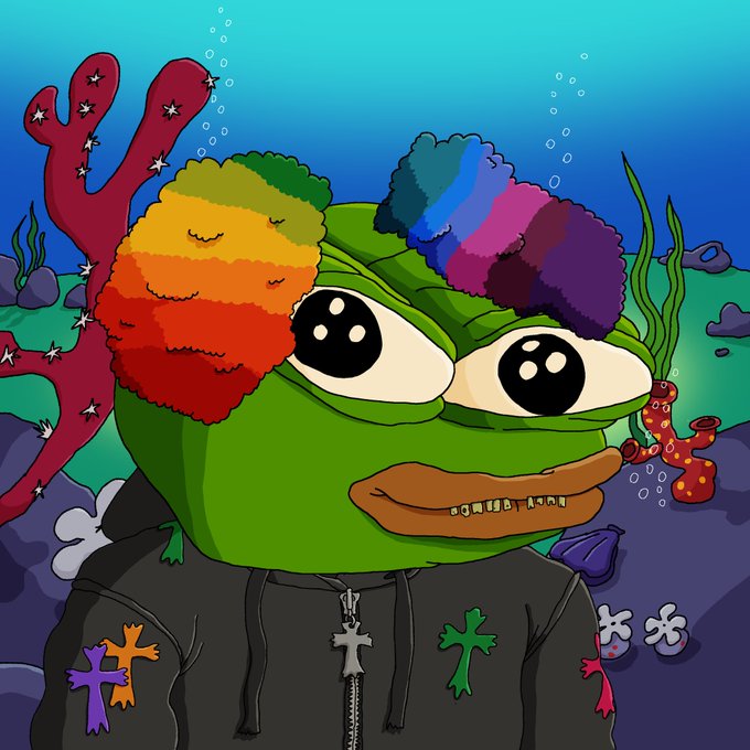 A cartoon illustration of the Pepe the Frog character wearing a black jacket with colorful cross designs against an underwater background with coral.