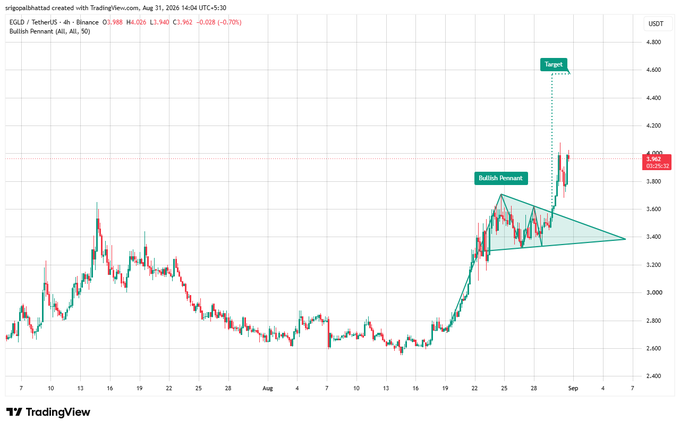 A TradingView chart for EGLD/USDT showing a Bullish Pennant pattern with a target price.