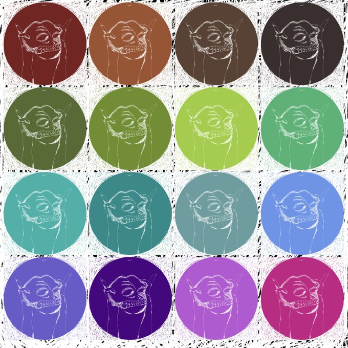 A pop art-style grid featuring the same sketched goblin character repeated in different colored circular backgrounds, arranged in a 4x4 layout.