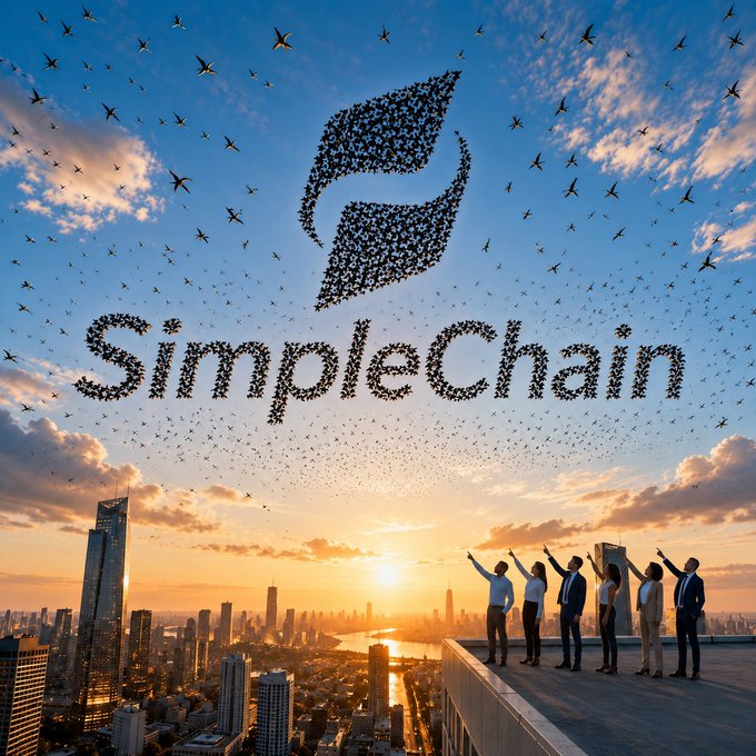 A dramatic skyward marketing image showing a flock of birds forming the SimpleChain logo, with a group of businesspeople standing on a rooftop overlooking a city skyline at sunset.