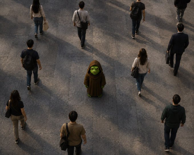 A small green creature in a brown hooded robe stands still in the center of a busy pedestrian area, while people in business casual attire walk past and around it, apparently oblivious. The image visually reinforces the post's theme—suggesting that the ape-like figure represents individuality and originality amid a conformist crowd, embodying the "apepe" or unique spirit the message encourages.