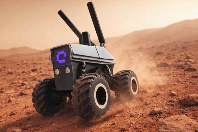 The image features a small robot with four wheels driving across a desert landscape. The robot appears to be a miniature version of a Mars Rover or other space exploration vehicle, designed for navigating rough terrain. The robot's design suggests that it could be used in various applications such as exploring remote areas, conducting research, or even assisting in search and rescue missions. The post highlights the potential benefits of using real robots instead of simulations to train AI systems, emphasizing the importance of incorporating real-world scenarios into the learning process for more effective and reliable AI capabilities.