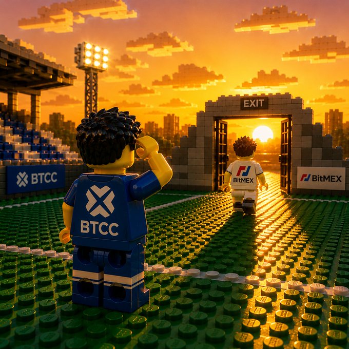 A LEGO scene at sunset shows a BTCC-branded minifigure on a stadium field watching another figure in a BitMEX shirt walk through an "EXIT" archway into the glowing horizon, symbolizing BTCC's farewell message to BitMEX ("Thank you OG @BitMEX").