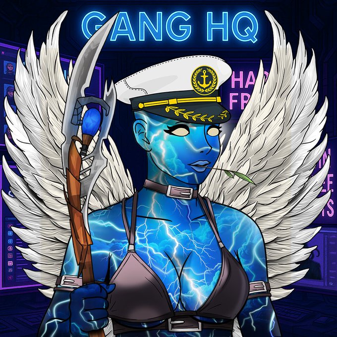 An illustrated character with glowing blue skin, white angel wings, and a naval captain's hat holding a sword, set against a 'GANG HQ' neon sign background.