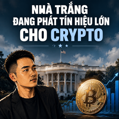 A YouTube thumbnail featuring a man with the White House in the background and a Bitcoin coin, with Vietnamese text 'NHÀ TRẮNG ĐANG PHÁT TÍN HIỆU LỚN CHO CRYPTO'.
