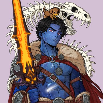 An illustration of a blue-skinned warrior character holding a glowing fiery sword with a demonic skull pommel, wearing fur-trimmed armor, with a small creature and a dinosaur skeleton behind him.