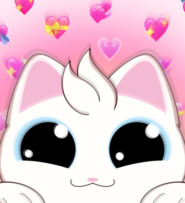 A cartoon illustration of a white cat with large black eyes set against a pink background filled with floating hearts and sparkles.