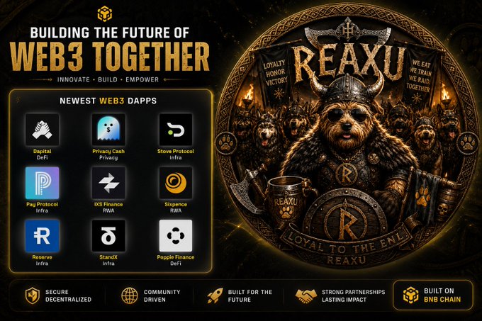 A promotional graphic titled 'BUILDING THE FUTURE OF WEB3 TOGETHER' featuring various Web3 DApps and a prominent illustration of a bear warrior representing the REAXU ecosystem, built on BNB Chain.