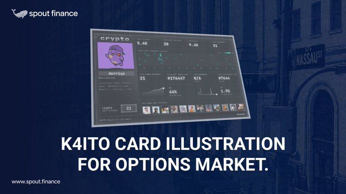 A promotional graphic for Spout Finance featuring a 'K4ITO CARD ILLUSTRATION FOR OPTIONS MARKET' with the website www.spout.finance displayed.