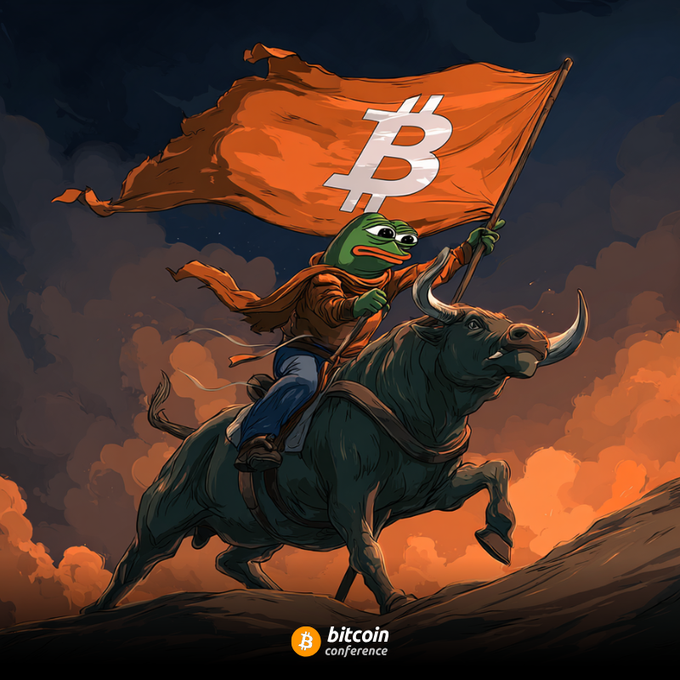 A Pepe the Frog character triumphantly rides a charging bull while waving a large orange Bitcoin flag, with "bitcoin conference" text displayed below—visually representing the bullish momentum of nearly $1 billion in single-day Bitcoin ETF inflows, the largest since October 2025.