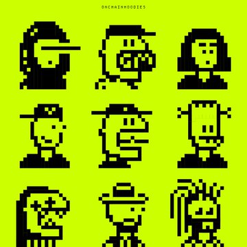 A 3x3 grid of pixelated black hooded figures on a bright green background, each with distinct accessories like a cap, dreadlocks, or a hat, with "@ONCHAINHOODIES" text at the top, representing the "Hoodlings" NFT collection referenced in the "$OCH" promotional post.