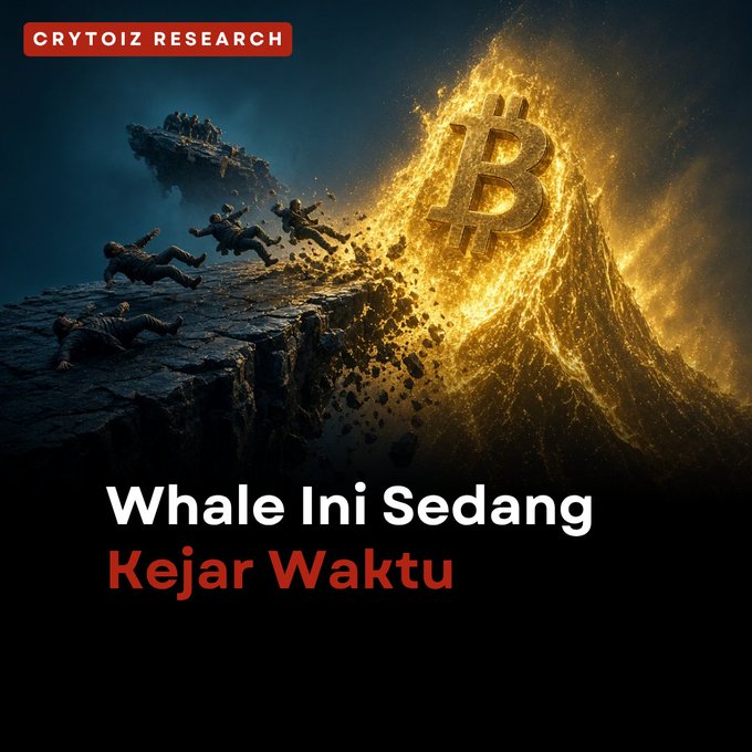 Crytoiz Research graphic of people falling toward a fiery Bitcoin symbol, with the Indonesian headline “Whale Ini Sedang Kejar Waktu.”