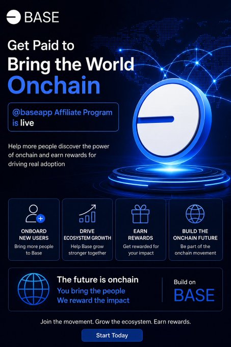 The image features a poster or flyer promoting an online program called "Base" that allows users to join and help onboard more people to the onchain economy while also earning rewards for their impact. The poster has a blue background with white text, making it easy to read and understand. It includes various icons representing different aspects of the program, such as a globe, a house, and a gift box, which provide visual cues about what users can expect from participating in the program. The main message of the post is that joining Base will help onboard more people to the onchain economy while also providing rewards for their efforts.