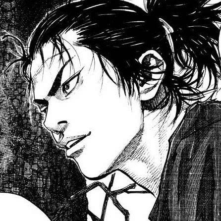 A black and white manga-style illustration of a man with dark hair pulled back, wearing a suit with a tie, drawn in a detailed ink style.