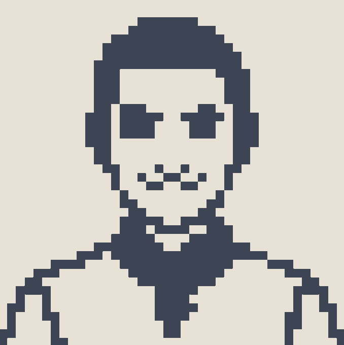 A pixelated, dark blue silhouette portrait of a skull-faced figure with a wide grin, set against a cream background.