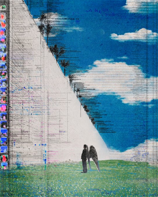 An abstract collage showing two silhouetted figures standing on a grassy field before a massive triangular structure with glitch effects, under a cloudy blue sky.