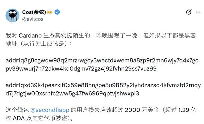 The image features a social media post with a large text that includes both English and Chinese characters, along with a hashtag in Chinese. The post seems to be related to a Cardano coin or an account named "SecondFi" by a user named "@evicos". The focus of the post is on how long it took for users to react to a specific event.