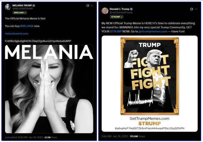 The image shows two X (formerly Twitter) posts side by side: Melania Trump's account announcing "The Official Melania Meme is live!" with the $MELANIA ticker and a contract address, alongside Donald Trump's account promoting "My NEW Official Trump Meme" with the $TRUMP ticker and website "GetTrumpMemes.com."

The accompanying post about Solana flipping Ethereum likely refers to the launch of these official Trump and Melania memecoins, which drew significant liquidity and attention away from Solana-based projects and back toward Ethereum-adjacent memecoin speculation.