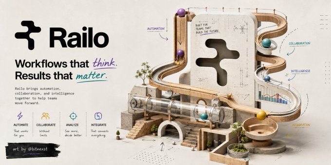 The image is a promotional graphic for "Rialo" featuring the tagline "Workflows that think. Results that matter." alongside a complex Rube Goldberg-style machine illustration labeled with concepts like "AUTOMATION," "COLLABORATION," "INTELLIGENCE," and "INTEGRATION." The accompanying post about Rialo's vision for seamless onchain coordination complements the image's depiction of interconnected automated workflows, visually reinforcing the idea that apps should coordinate actions naturally without relying on hidden offchain complexity.