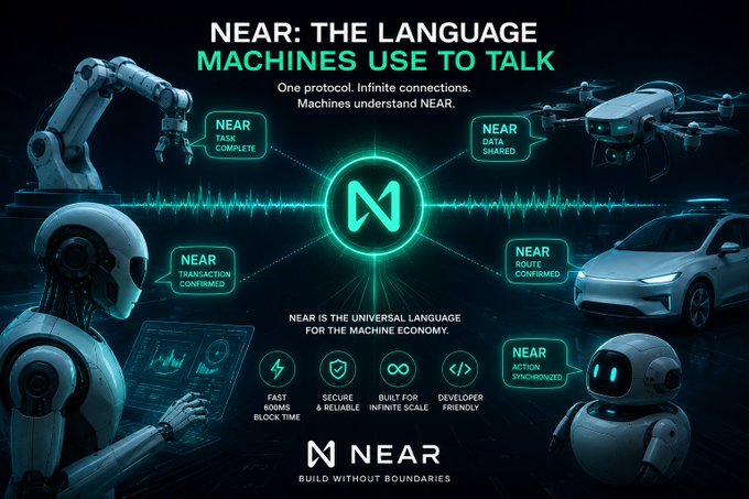 Promotional graphic for NEAR Protocol titled 'NEAR: THE LANGUAGE MACHINES USE TO TALK,' featuring a humanoid robot, robotic arm, drone, self-driving car, and small robot, with speech bubbles like 'NEAR TRANSACTION COMPLETE' and 'NEAR ROUTE CONFIRMED,' and taglines including 'One protocol. Infinite connections.' and 'BUILD WITHOUT BOUNDARIES.'