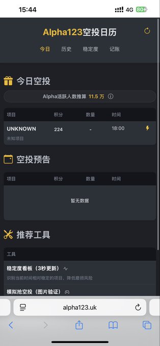 A screenshot of a mobile web page for 'Alpha123空投日历' (Alpha123 Airdrop Calendar) showing today's airdrop details including an 'UNKNOWN' project with 224 points at 18:00.
