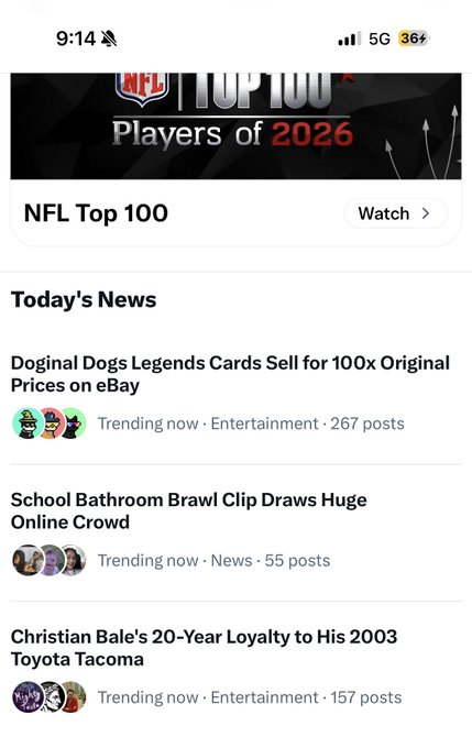 A mobile app screenshot displaying an NFL Top 100 Players of 2026 promotional banner above a 'Today's News' section with trending stories including 'Doginal Dogs Legends Cards Sell for 100x Original Prices on eBay' and 'School Bathroom Brawl Clip Draws Huge Online Crowd.'
