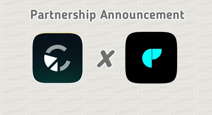 A "Partnership Announcement" graphic featuring two app icons connected by an "X," with the left icon displaying a stylized letter design and the right icon showing a teal leaf-like logo, representing a collaboration between the two platforms—likely Cloud Quest and Canborsa DEX, as referenced in the accompanying promotional tweet.
