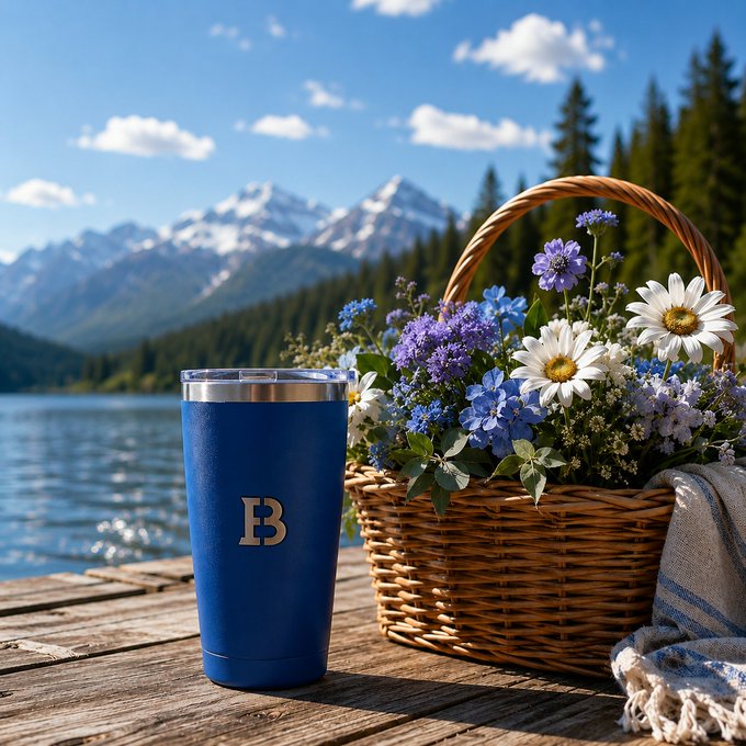 A navy tumbler with the gold "B" logo sits on a wooden dock beside a wicker basket overflowing with white daisies and blue wildflowers, set against a serene mountain lake backdrop—pairing the post's "GM from Biconomy" greeting with imagery that evokes a peaceful morning recharge.