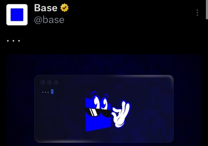 The image features a square-shaped phone with a blue background, displaying a cartoon character holding up two fingers as if giving a high five or waving. The caption of the image reads "Base is moving different lately... The ecosystem is growing fast, builders are cooking nonstop, and the onchain future feels closer than ever". This post seems to be promoting a meme about Base's recent activities in the crypto world.
