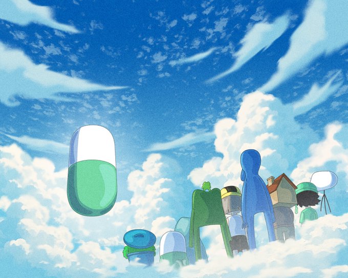 The image features a cartoon scene with a group of people standing under a blue sky filled with clouds, surrounded by various objects such as buildings, trees, and other figures. The sky appears to be cloudy, adding depth and atmosphere to the scene. There is also an unusual element in the form of a green pill floating above the crowd, which seems out of place among the other elements in the image.
