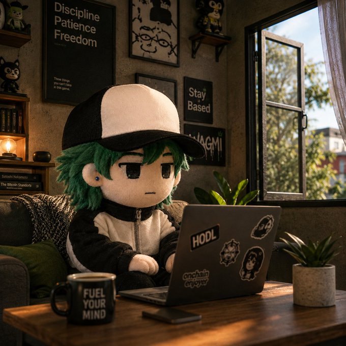 A plush figure with green hair and a black-and-white cap sits at a wooden desk using a laptop covered in stickers like "HODL" and "onchain enjoyer," surrounded by framed posters reading "Discipline Patience Freedom" and "Stay Based," alongside a "FUEL YOUR MIND" coffee mug. The cozy, crypto-themed workspace fits the post's casual vibe of catching up over coffee ("gmgm ☕️") to ask "ada info apa hari ini btw?"—suggesting the plushie is browsing the latest market updates or on-chain news.