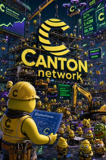 The image is a vibrant, futuristic promotional illustration for the Canton Network, featuring its bold yellow "C" logo prominently displayed amid a bustling construction-themed scene with workers, machinery, and digital displays showing metrics like "34.7% Total Burn/Mint," "2.42M Total Transactions," and "88.7M Canton Network." It ties to the post by visually emphasizing the Canton Network's branding and tokenomics statistics, supporting the author's explanation of how Canton Coin ($CC) price moves daily.