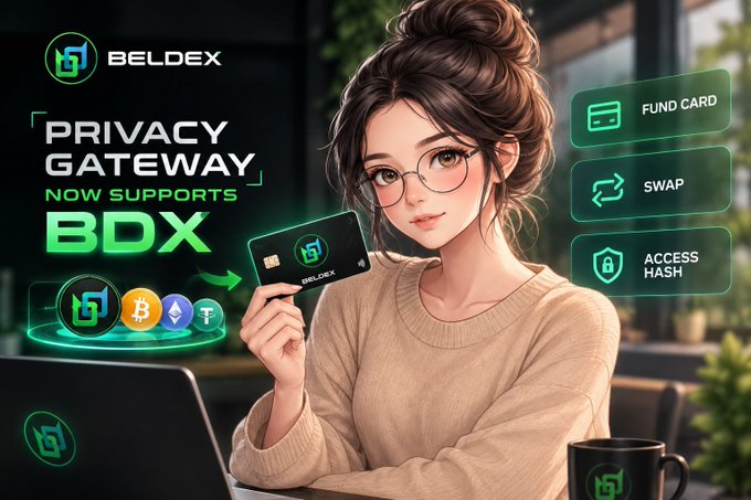 A digital advertisement features an anime-style woman holding a Beldex card, promoting BDX with options for Fund Card, Swap, and Access Hash.
