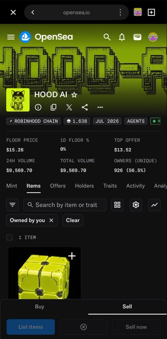 The image shows the OpenSea NFT collection page for "HOOD AI" on the Robinhood Chain, with a floor price of $15.26 and a 24H volume of $9,569.70, displaying a single yellow robot-cube NFT. This visual confirms the post's claim of a successful free mint that grew roughly 15x in value to $15.