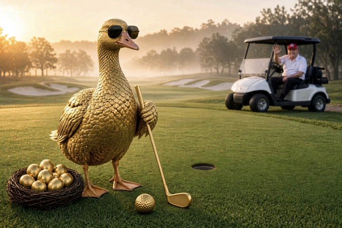 A whimsical scene showing a golden duck statue wearing sunglasses and holding a golf club next to a nest of golden eggs, with a man in a white shirt and red cap waving from a golf cart in the background.