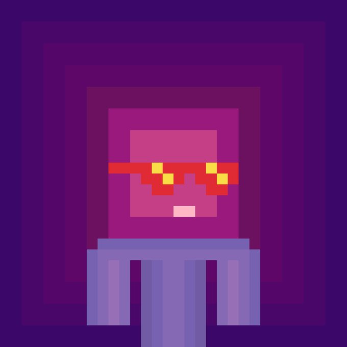A pixel art illustration featuring a square face wearing red and yellow pixelated sunglasses, set against a purple background with concentric square frames, with a blue/purple striped body below.